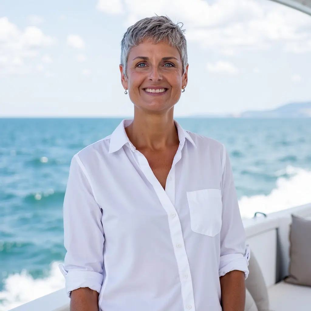 Smiling woman in white shirt on a boat by the sea.