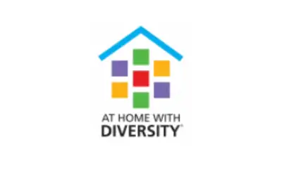 Colorful house-shaped logo with diverse squares and 
